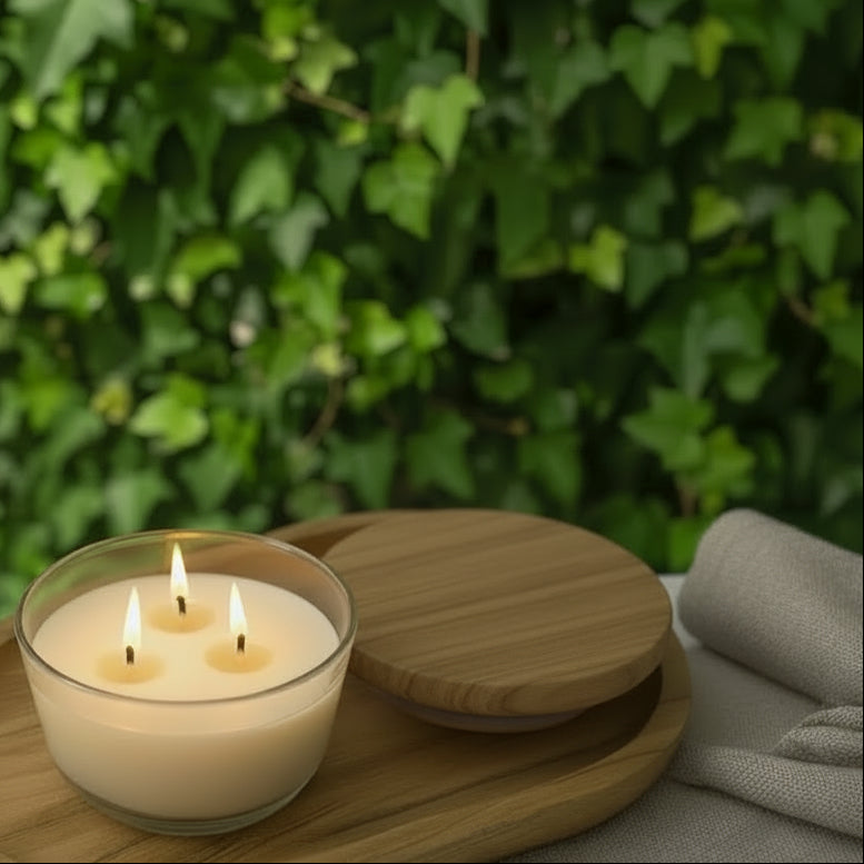White candle in a glass jar on a wooden tray with a white background