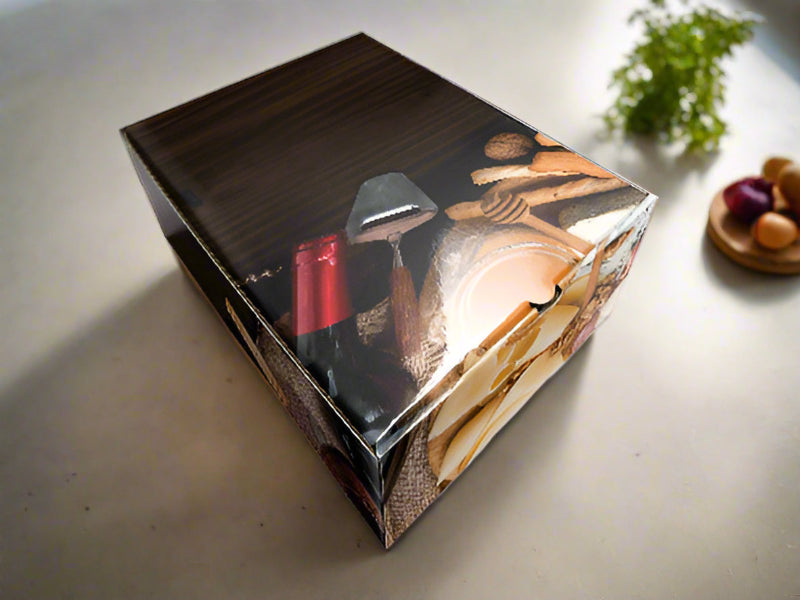 Product packaging with a design of a bottle and cutlery on a white background