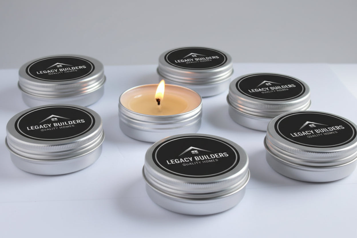 Candle in a metal tin surrounded by other tins on a white surface with a dark background