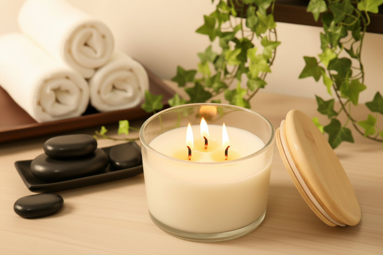 Glass candle with a wooden lid on a green background