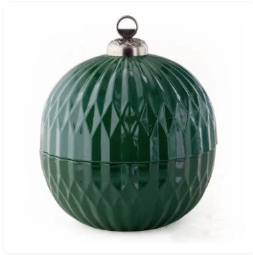 Green spherical container with textured surface and silver lid on a white background